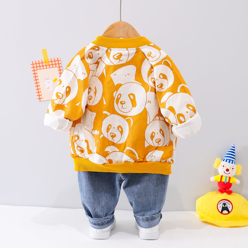 秋のおでかけが軽やかに決まる 男の子ジャケット＆ロングパンツセット パンダ総柄プリント 80〜120cm