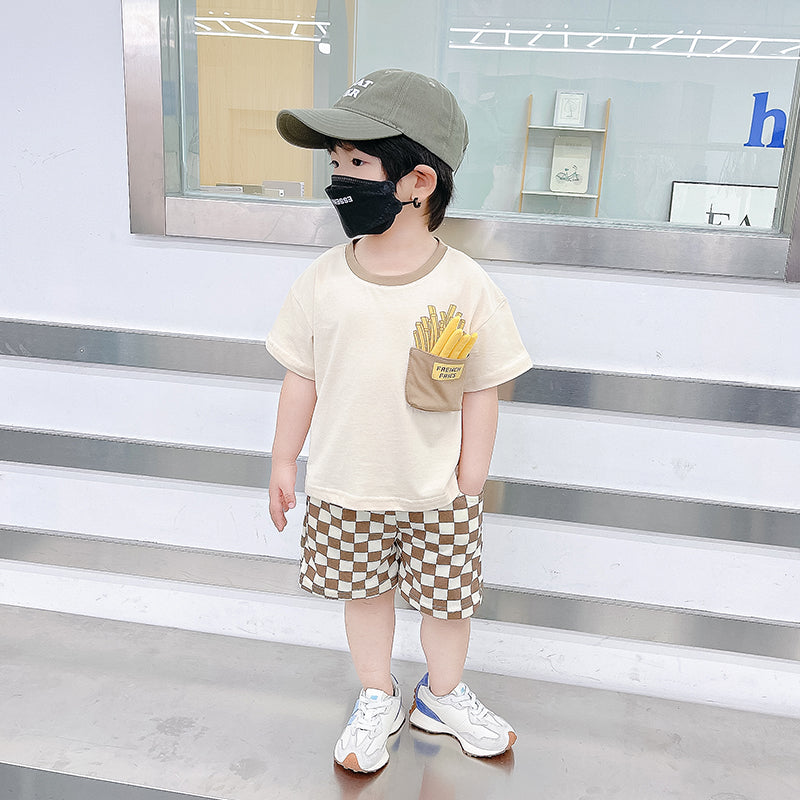 さらっと夏映えでおしゃれに決まる 男の子上下セット 半袖Tシャツ＆ショートパンツ フライドポテトポケットプリント チェッカー柄ショーツ ポリエステル ミルクティー 90〜150cm