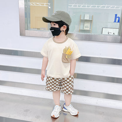 さらっと夏映えでおしゃれに決まる 男の子上下セット 半袖Tシャツ＆ショートパンツ フライドポテトポケットプリント チェッカー柄ショーツ ポリエステル ミルクティー 90〜150cm