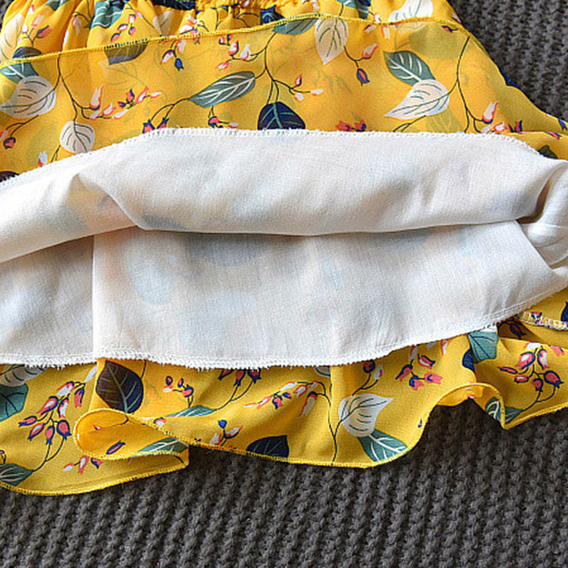 涼やかリーフ柄で夏のおでかけが映える 女の子ノースリーブワンピース シフォン風プリント 韓国風 ピンク・イエロー 100~140cm