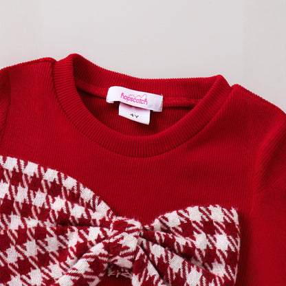 華やかに特別感がきまる 女の子リボントップス＆千鳥格子ロングスカートセット シアー長袖デザイン コットン素材 4〜7歳