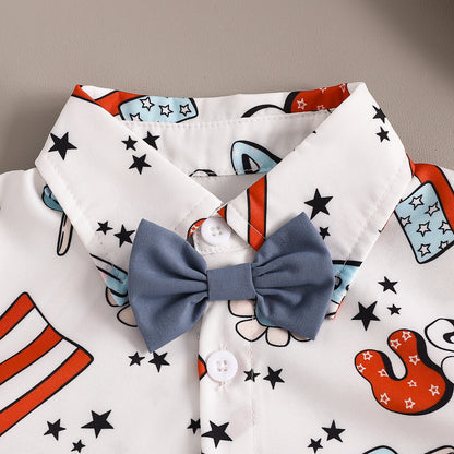 きちんと見えで夏のおしゃれが決まる 男の子ジェントルマン風半袖シャツ＆ショートパンツセット ポップ総柄プリント 蝶ネクタイ付き コットン 6〜12ヶ月〜4〜5歳