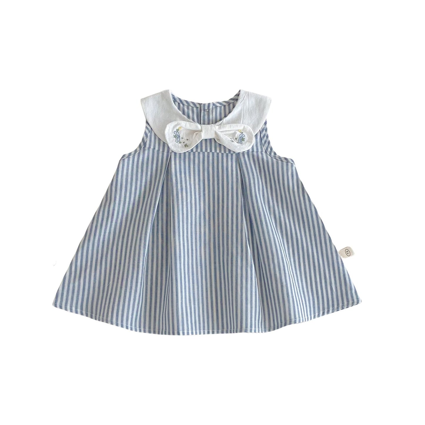 涼やかストライプとビッグカラーリボンが上品に映える 女の子ノースリーブワンピース 刺繍ディテール コットン素材 73~120cm