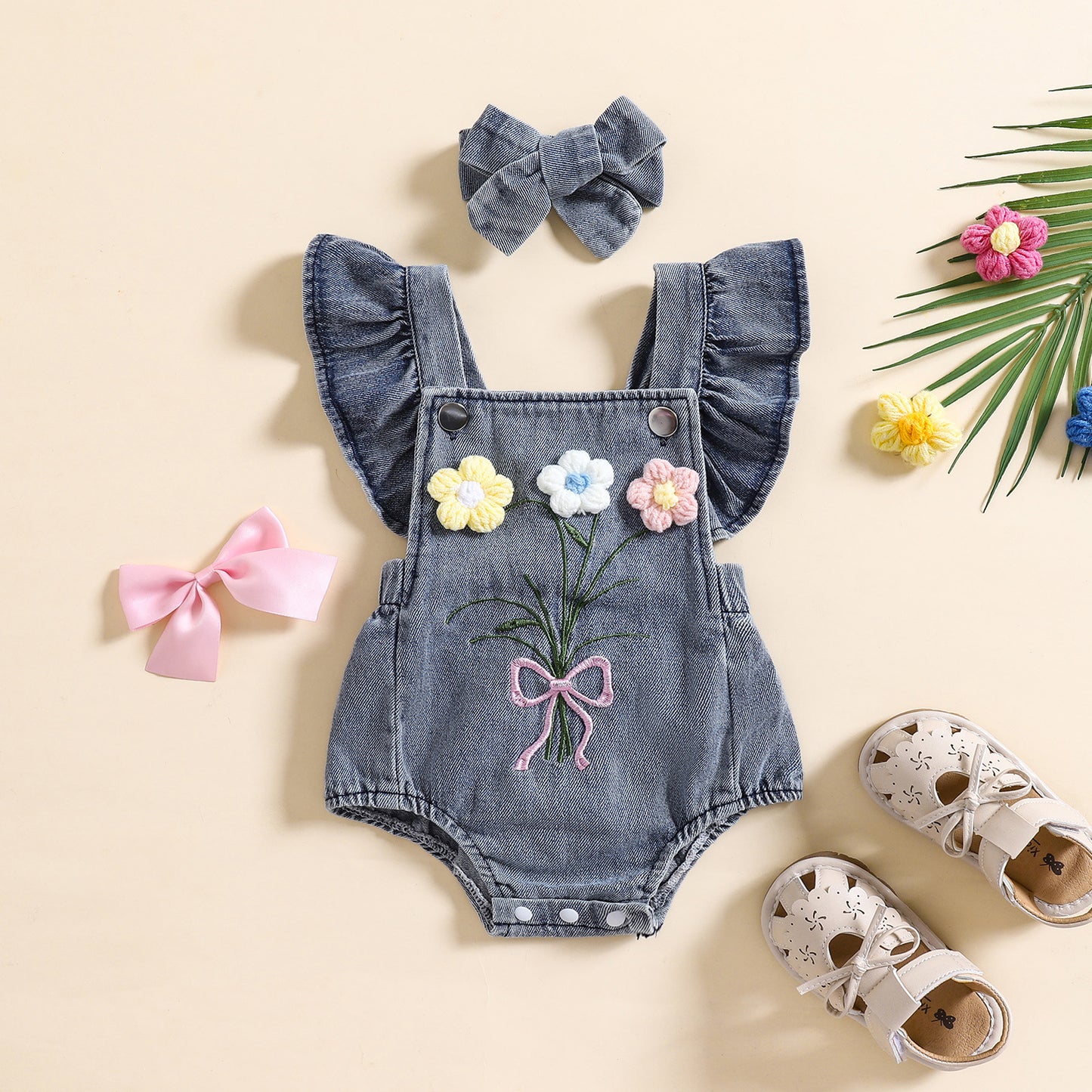 夏の涼しさを上品にまとう 女の子ノースリーブリネンロンパース トライアングルデザイン ヘアバンド付き 0〜18ヶ月