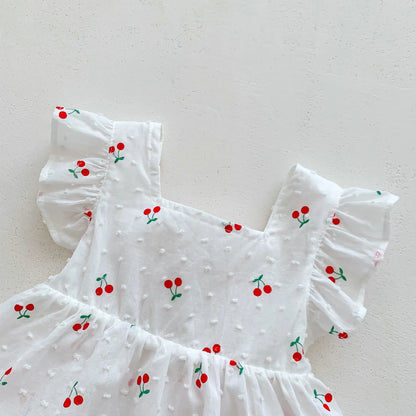 さらっと薄手で夏に涼やか 女の子スカート付きロンパース チェリー柄 ノースリーブ コットン 66〜90cm