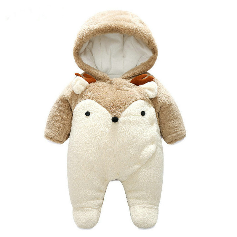 耳と角付きフードが特徴のカーキ子鹿デザインもこもこベビーカバーオール単体
