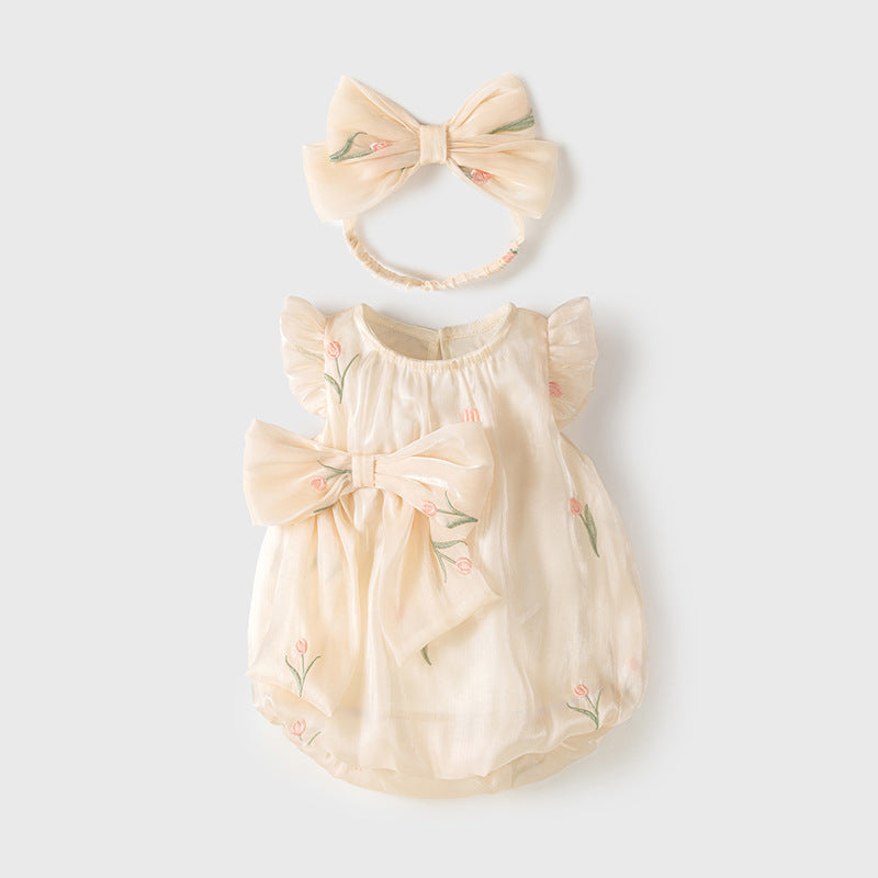 ふんわり涼やかに着られる 女の子ノースリーブロンパース チューリップ刺繍リボンデザイン ポリエステル×コットン裏地 66~90cm