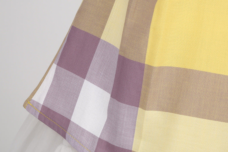 明るいイエローで上品に映える 女の子襟付きワンピース チェック柄 リボン付き コットン 90~130cm