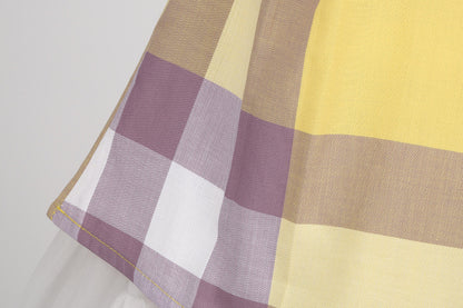 明るいイエローで上品に映える 女の子襟付きワンピース チェック柄 リボン付き コットン 90~130cm