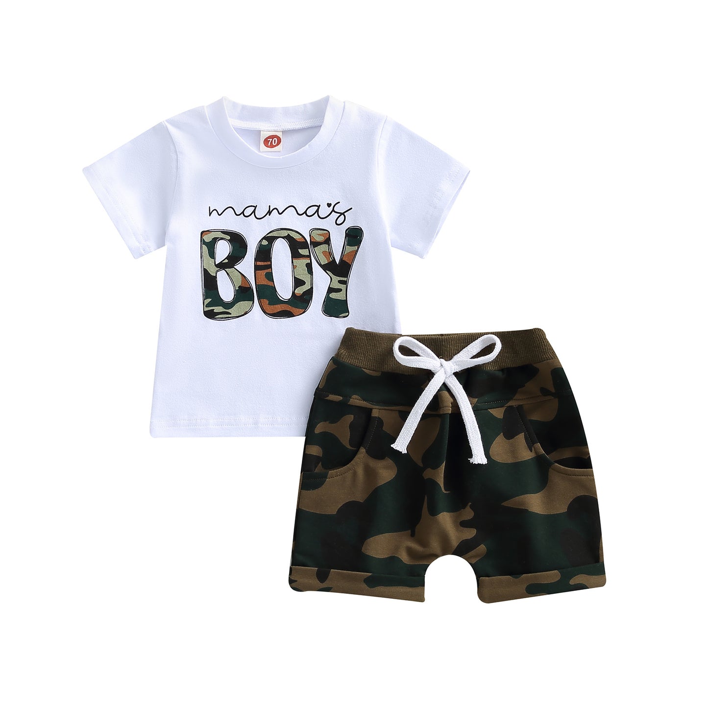 動きやすく毎日がきまる 男の子上下セット 半袖Tシャツ&ショートパンツ mama's BOY レタープリント 迷彩デザイン コットン混 70~110cm