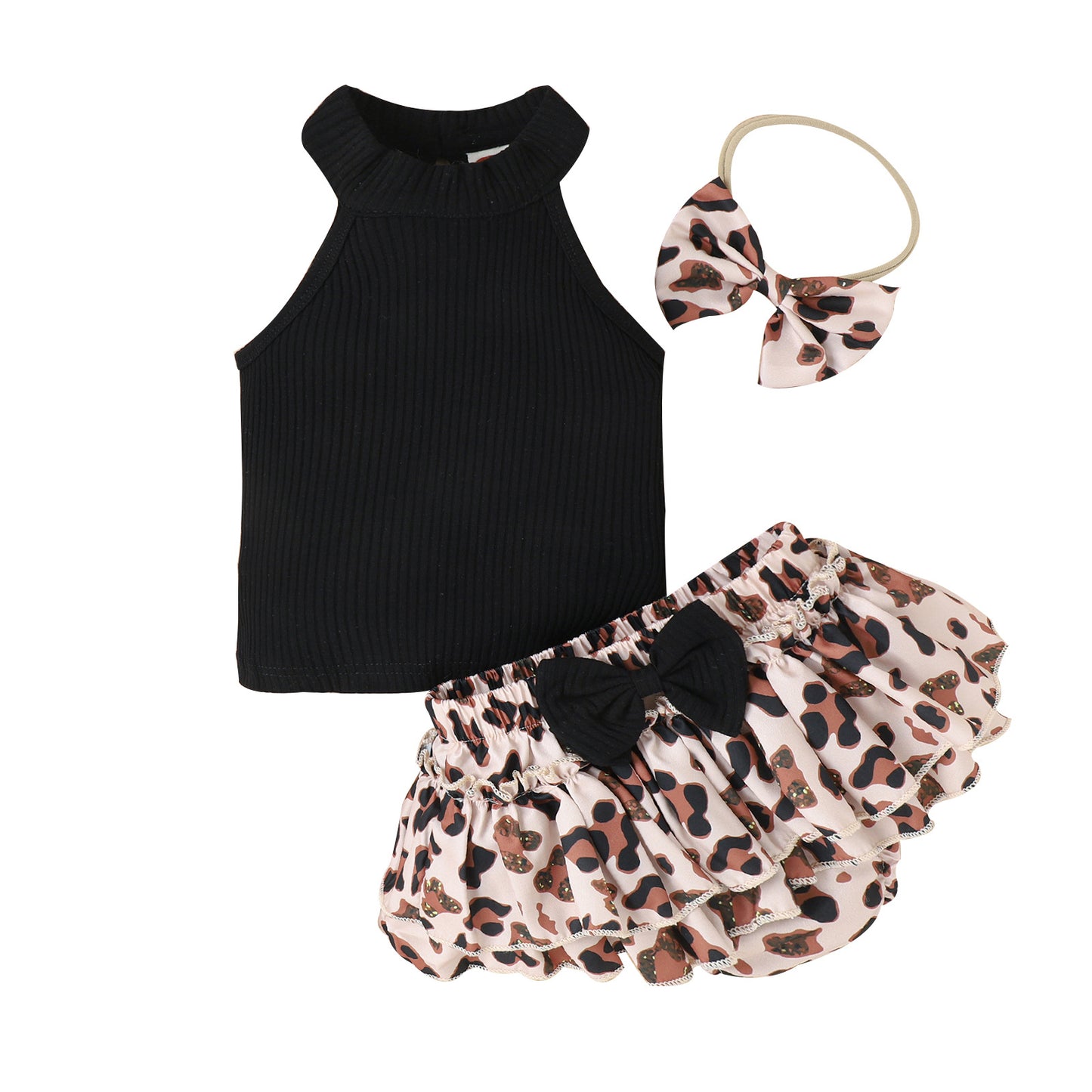 涼しげにおしゃれが完成する 女の子ホルターネックノースリーブ上下セット レオパード柄フリルスカート＋リボンヘアバンド付き コットン95% 70~100cm
