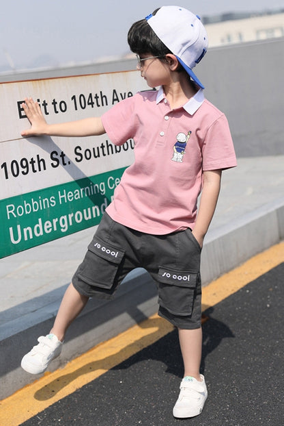 さらっと軽やかに夏を楽しむ 男の子半袖ポロシャツ＆ショートパンツ上下セット カートゥーン刺繍 コットン素材 110〜160cm