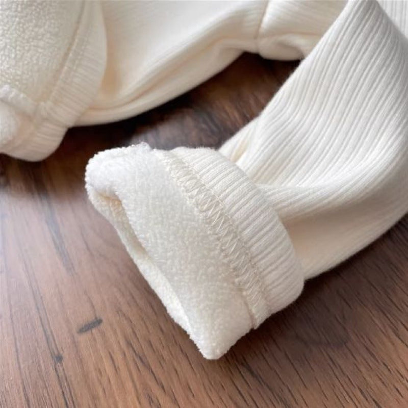 ベージュレース襟コットン裏起毛トップス | Beige Lace Collar Cotton Fleece-Lined Baby Top Lumisei Prime