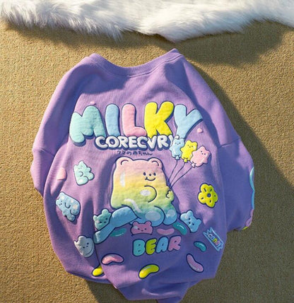 ふんわりポップなくまプリントが可愛い 子どもスウェットトレーナー カラフル立体ロゴ ラウンドネック コットン混 120~170cm