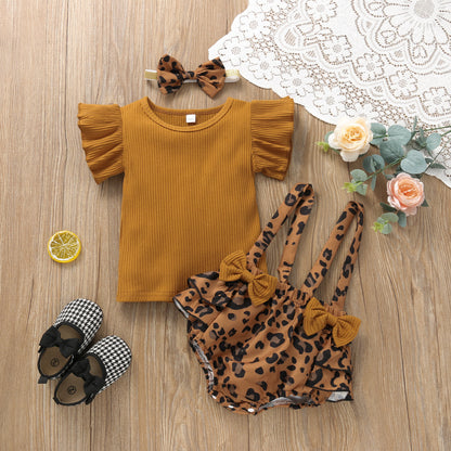 レオパード柄ブルマが主役 ベビー女の子 リブ半袖トップス＋サスペンダーブルマ＋ヘアバンド 3点セット 70〜100cm
