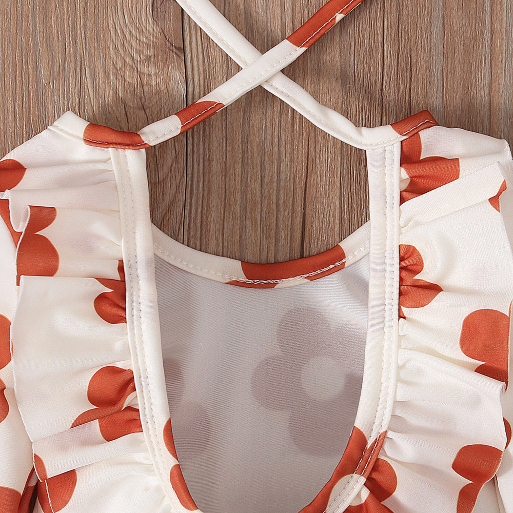 ベビー女の子 長袖UVラッシュガードワンピース水着 花柄 オープンバック フリル付き 70cm・80cm・90cm・100cm・110cm