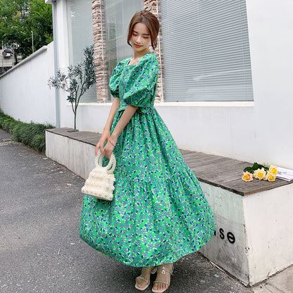 華やかに体型カバー マタニティワンピース フローラル柄 パフスリーブ スクエアネック ポリエステル素材 M〜XXL