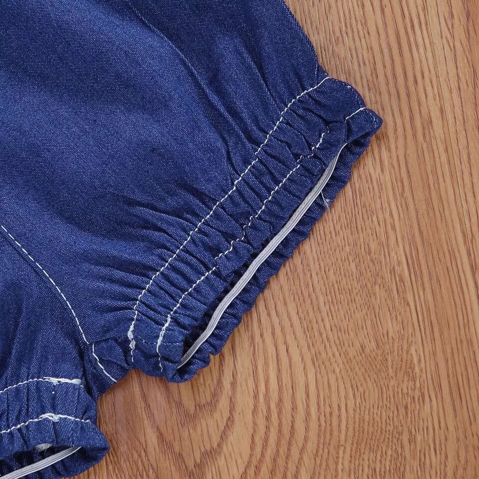 上品レースフリルで可憐に決まる 女の子オフショルダーデニムロンパース リボン付き 薄手 70〜100cm