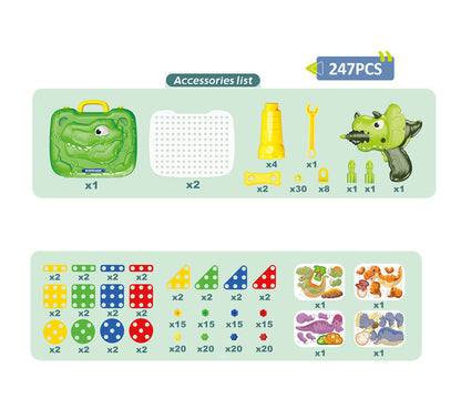 247PCSセットのプレートボードと電動ドリルやドライバーとカラフルなネジパーツを並べた内容一覧画像
