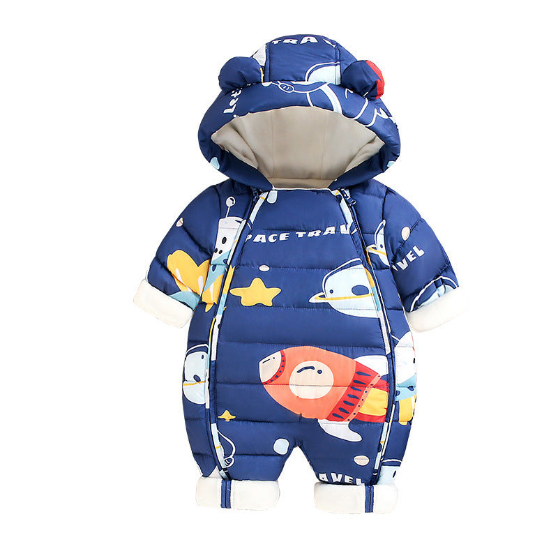 フード付きベビーカバーオールの全体レイアウト
