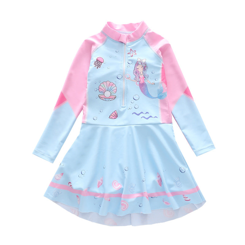 キッズ女の子 長袖ドレス風ワンピース水着 マーメイド柄 ハーフジップ 速乾ポリエステル 3〜14歳