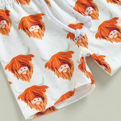 元気に遊べておしゃれも決まる 男の子半袖Tシャツ＆ショートパンツ上下セット WILD CHILD牛プリント コットン 70~110cm