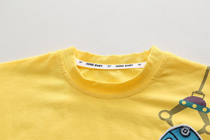 元気に遊べる 男の子半袖Tシャツ＆ショートパンツ上下セット のりものカートゥーンプリント コットン素材 80~120cm