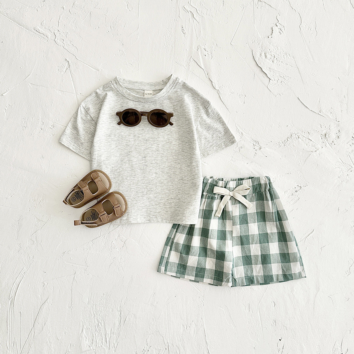 さらっと涼しく動きやすい 子ども半袖Tシャツ＆ショートパンツ上下セット 恐竜プリント×チェック柄 コットン 6〜9ヶ月〜2〜3歳