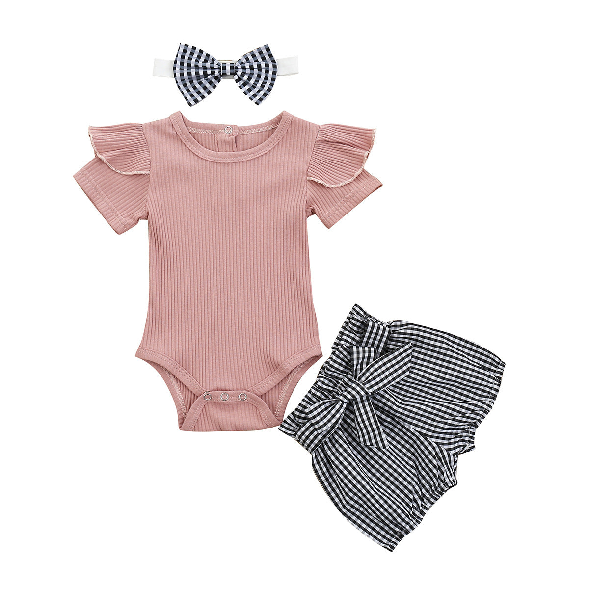 ふんわりフリル袖でおめかしが叶う 女の子ベビー半袖ロンパース 花柄ショートパンツ ヘアバンド付き コットン薄手 スナップ留め