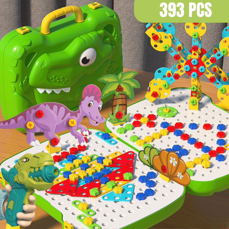 393PCS入りのワニ型グリーンケースとプレートいっぱいに敷き詰められたカラフルなネジと動物パーツが並ぶ大容量スクリュープレートセット
