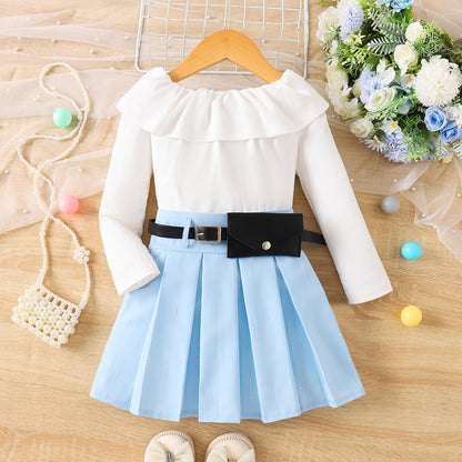 おめかしスタイルのフリル長袖トップス×プリーツスカート3点セットコーディネート
