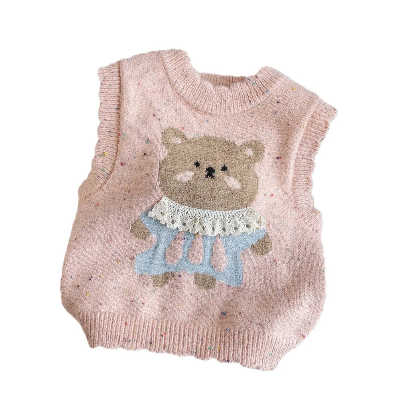 ピンクのくま柄コットンニットベストを正面から撮影した写真
