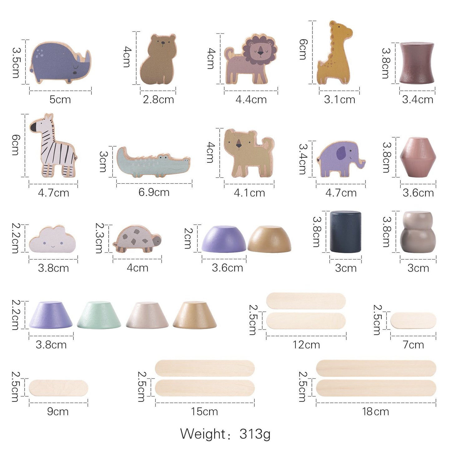 木製ゾウの上にバランスよくブロックを積み上げた完成例
