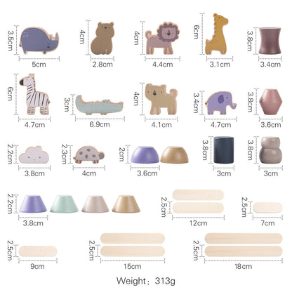 木製ゾウの上にバランスよくブロックを積み上げた完成例
