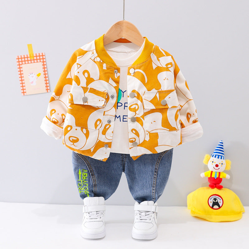 秋のおでかけが軽やかに決まる 男の子ジャケット＆ロングパンツセット パンダ総柄プリント 80〜120cm