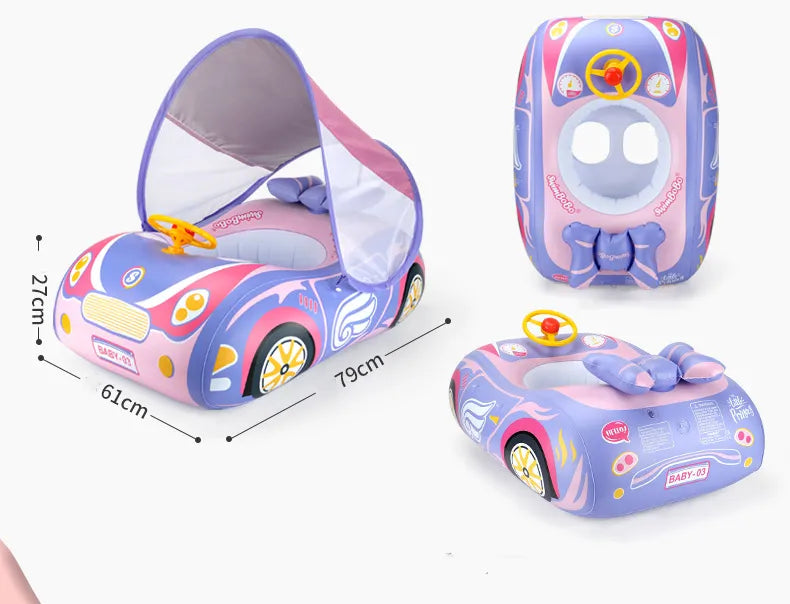 サンシェード付きベビー浮き輪 車デザイン ステアリング回転＆ホーン付き 1〜4歳 10〜20kg対応（ブルー・ピンク）