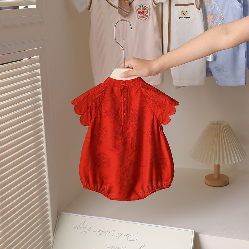 軽やかチャイナ風が映える ベビー三角ロンパース レッド・アプリコット タッセル付き レーヨン 66~90cm