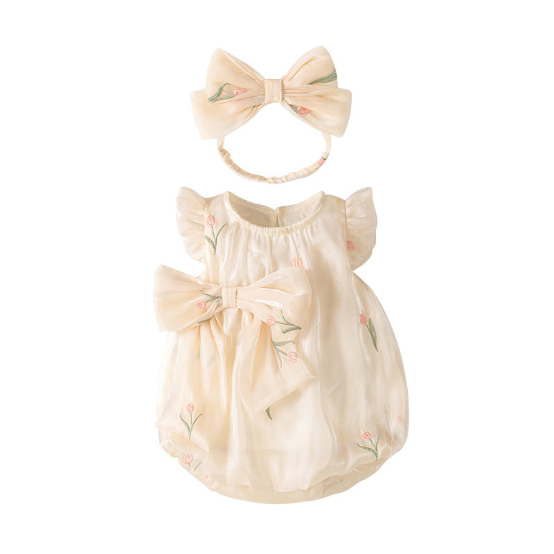 ふんわり涼やかに着られる 女の子ノースリーブロンパース チューリップ刺繍リボンデザイン ポリエステル×コットン裏地 66~90cm