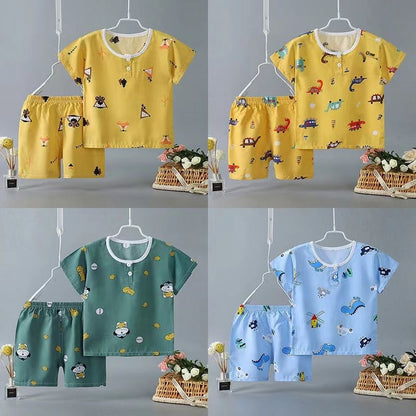 さらっと軽やかに夏を楽しむ 子ども半袖Tシャツ＆ショートパンツ上下セット 恐竜カートゥーンプリント ポリエステル 薄手 90~150cm