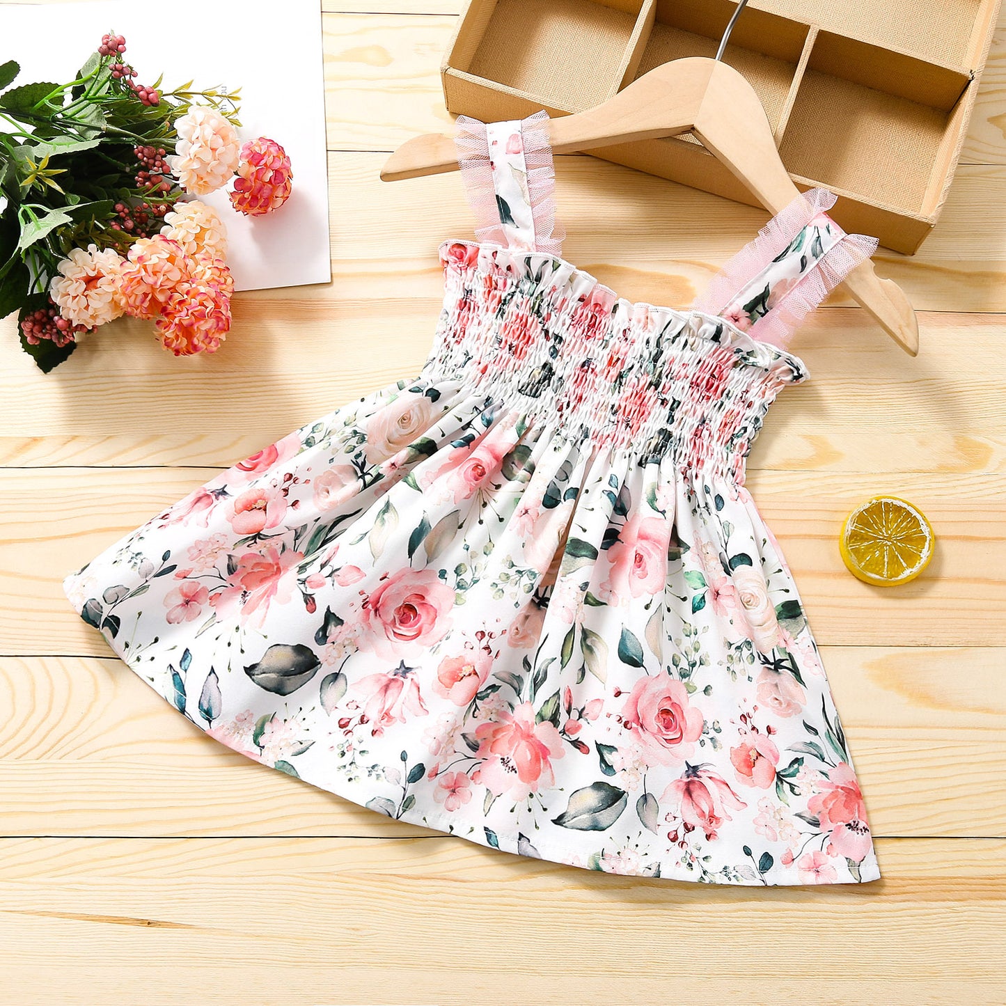 軽やかに揺れて写真映えする 女の子メッシュ切替花柄キャミワンピース コットン 80〜120cm