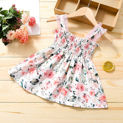 軽やかに揺れて写真映えする 女の子メッシュ切替花柄キャミワンピース コットン 80〜120cm