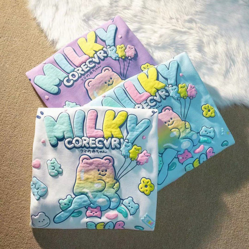 ふんわりポップなくまプリントが可愛い 子どもスウェットトレーナー カラフル立体ロゴ ラウンドネック コットン混 120~170cm