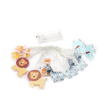 アクリルアニマルLEDストリングライト セット内容物一式 電池ボックス付き ライオンとシマウマモチーフ
