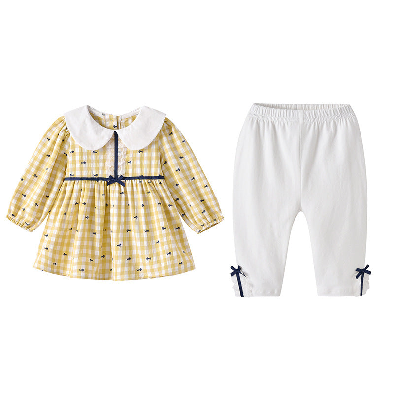 きちんと可愛いおでかけが叶う 女の子襟付きブラウス＆ロングパンツ2点セット イエローギンガムチェックリボンデザイン コットン 66~110cm