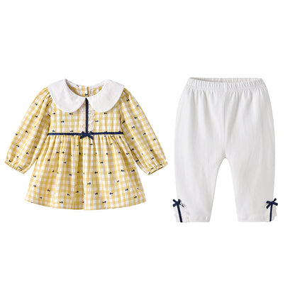きちんと可愛いおでかけが叶う 女の子襟付きブラウス＆ロングパンツ2点セット イエローギンガムチェックリボンデザイン コットン 66~110cm