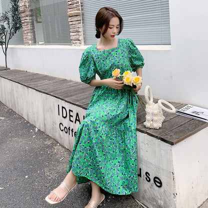 華やかに体型カバー マタニティワンピース フローラル柄 パフスリーブ スクエアネック ポリエステル素材 M〜XXL