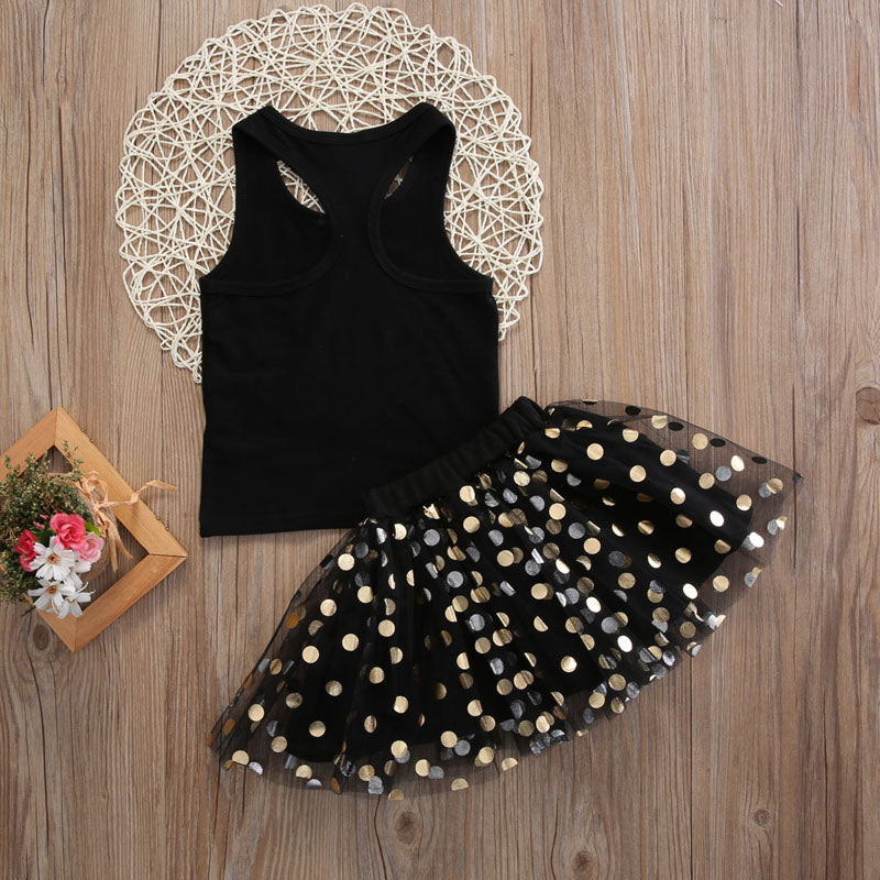 きらめきドットスカートで特別感が増す 女の子ノースリーブベスト＆スカートセット ロゴプリント コットン 80~120cm