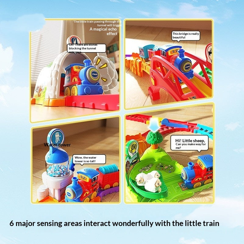 トンネル・橋・水のタワーなどのギミックと列車の動きが伝わる機能紹介イメージ
