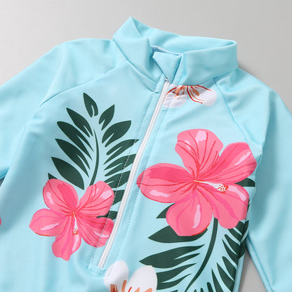 ガールズUVセット 長袖ラッシュガード一体型ワンピース水着＋スイムキャップ ブルー花柄 前ファスナー プリントスイムウェア（S・M・L・XL）