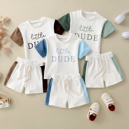 英字プリント半袖Tシャツとショートパンツの上下セット 3色バリエーション全体
